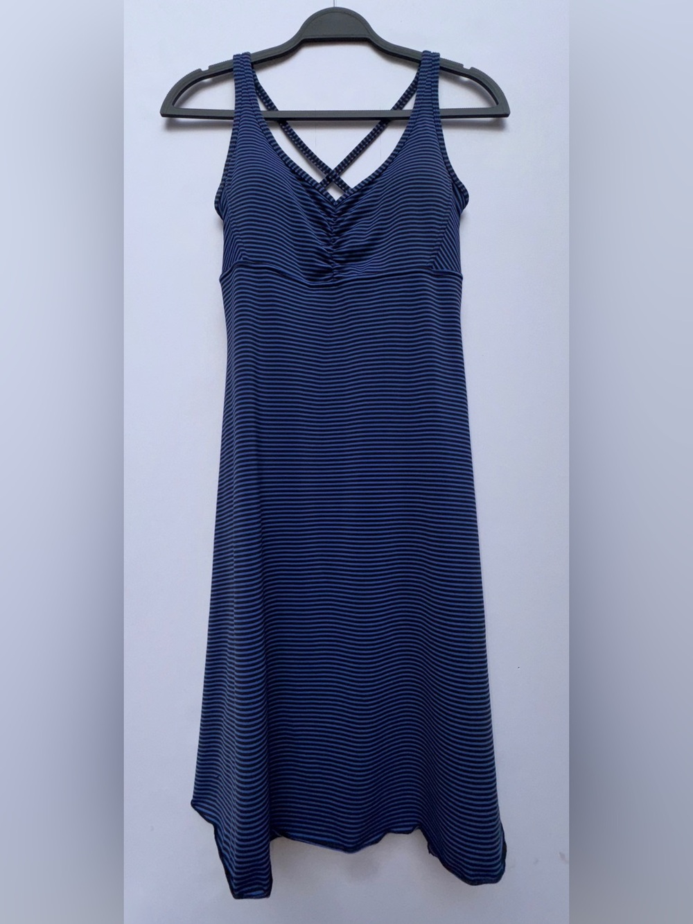 PrAna Dress Blue Black Striped Strappy Criss Cross Back. Built in Bra Sz.Small - Picture 15 of 16